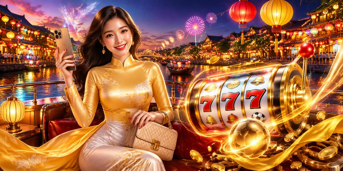 Người chơi slot game tại Hội An với áo dài truyền thống Việt Nam